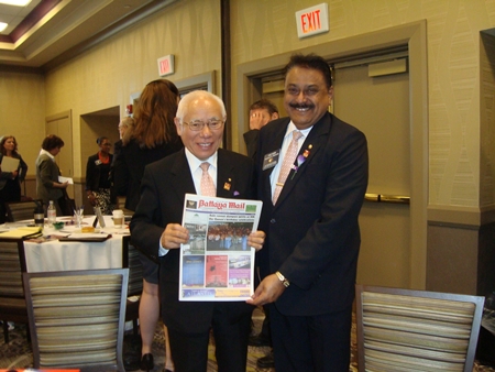 PDG Peter Malhotra, Rotary Public Image Coordinator of Zone 6B, presents a copy of the Pattaya Mail to Sakuji Tanaka, President of Rotary International during the PolioPlus Seminar held at the Hilton Garden Inn in Evanston, USA on August 22, 2012. Peter explained that the Pattaya Mail Media Group, which comprises of the Pattaya Mail, Pattaya Blatt (German), Chiang Mai Mail and PMTV, are staunch supporters of Rotary and regularly publicise Public Service Announcements and articles in their publications and TV programs.